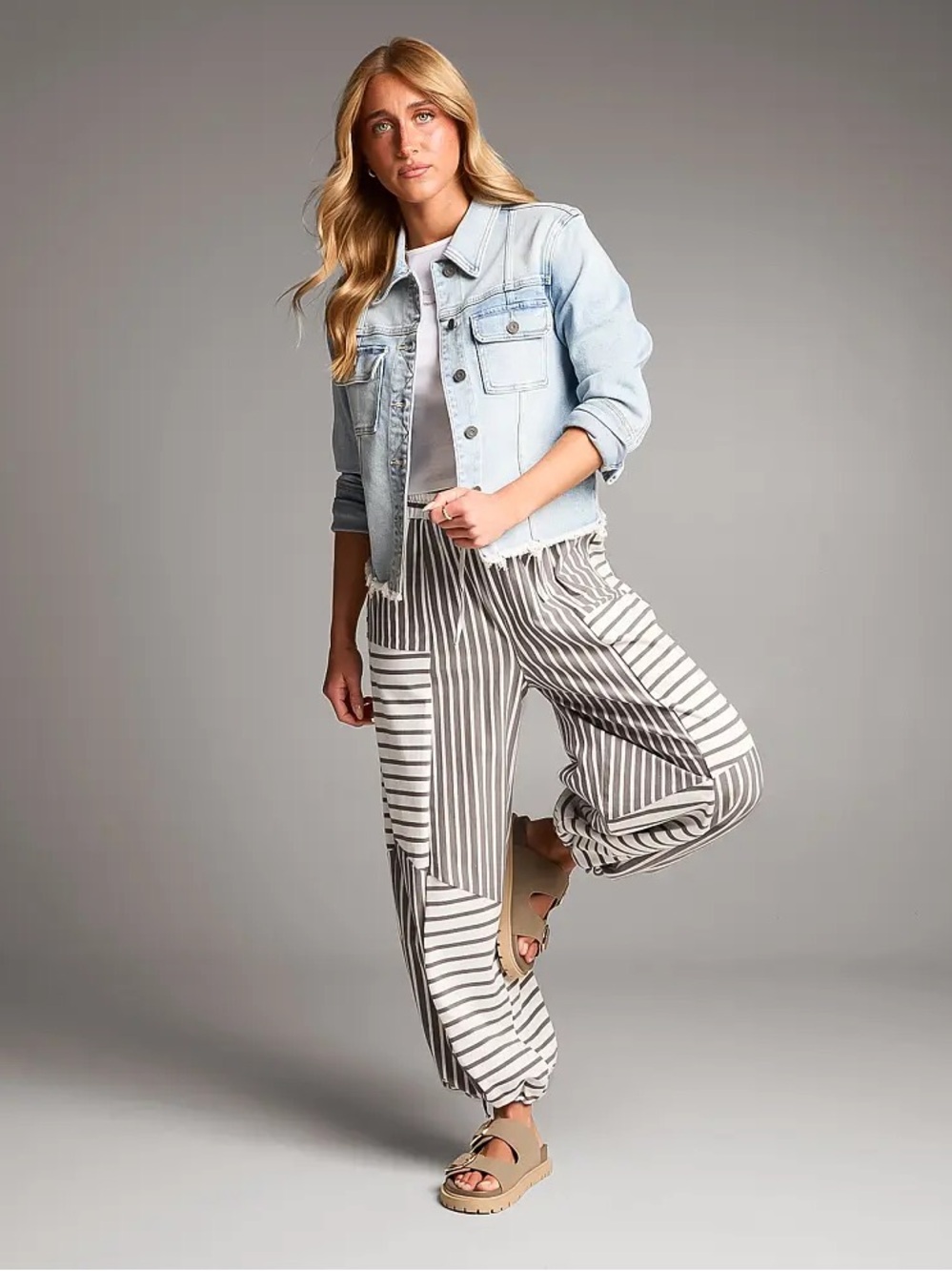 BKE Striped Patchwork Jogger Pants in Gray and White